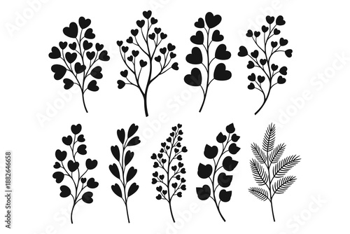 black silhouettes of various plants with heart shaped and regular leaves on white background