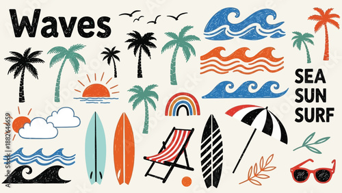 Tropical summer elements including waves palm trees surfboards and sunset illustration