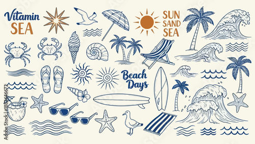 Summer beach collection hand drawn illustrations featuring sun waves and tropical elements
