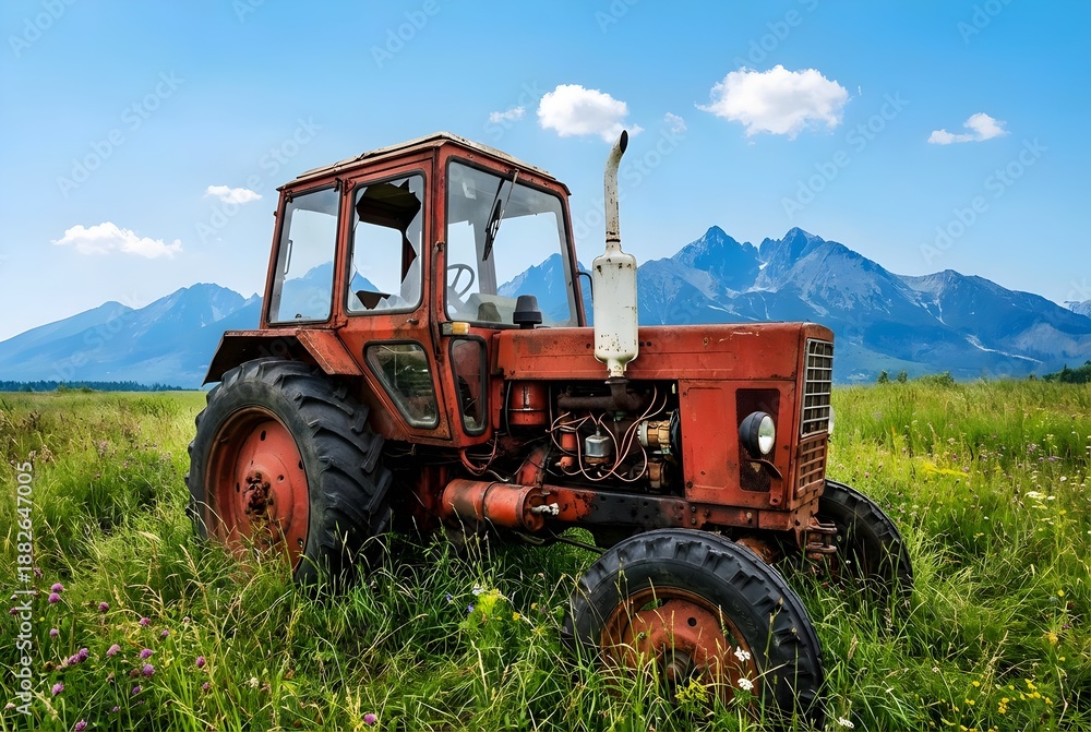 Obraz premium Abandoned Vintage Red Tractor in an Overgrown High Grass Meadow, Rustic Antique Farm Machinery, Countryside Landscape Background
