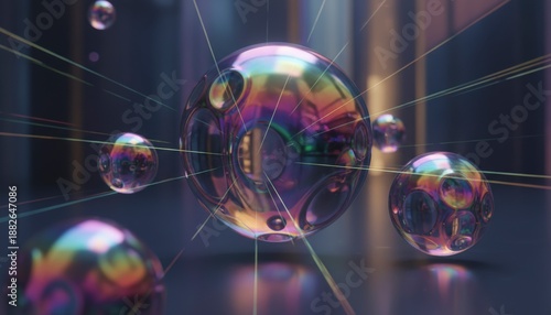 Futuristic Iridescent Spheres Connected by Glowing Lines in Abstract Space