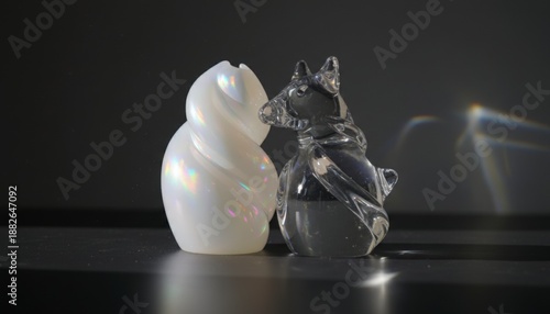 Pair of collectible glass figurines: pearlescent white and smoky gray animal