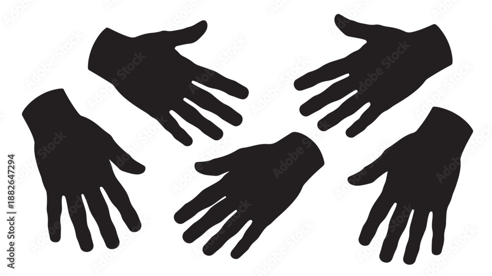 Fototapeta premium Black gloves in various gestures in minimalist silhouette style on white background for protection and safety