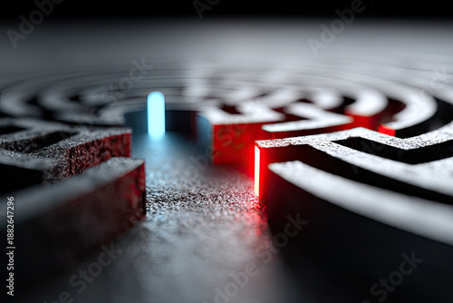 Abstract colorful labyrinth with a glowing center, symbol of finding solutions