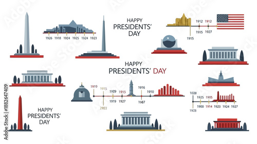 Illustrations of famous American landmarks and monuments celebrating Presidents' Day, a federal holiday in America, with vector graphics and a patriotic theme.