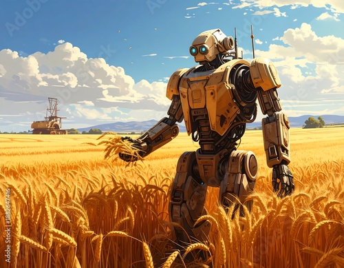 A robot standing in a golden wheat field with a cloudy blue sky
