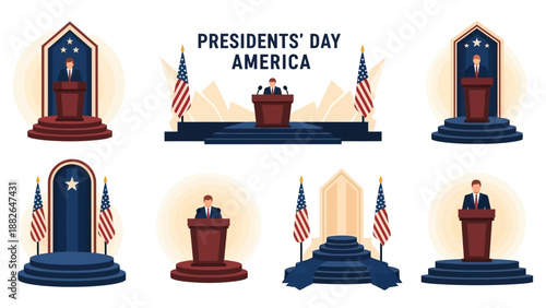 Vector illustrations of various podiums and stages with American flags for Presidents' Day in America, on a white background.