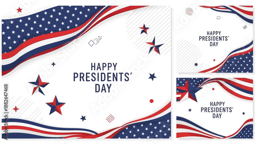 Set of patriotic Presidents' Day illustrations featuring star and stripe designs with 'Happy Presidents' Day' text on white backgrounds with a festive American theme.
