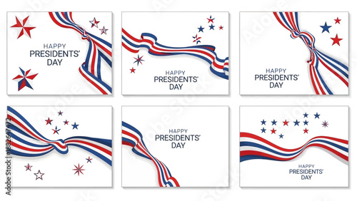 Set of six vector illustrations celebrating Presidents' Day with patriotic designs and text on white background.