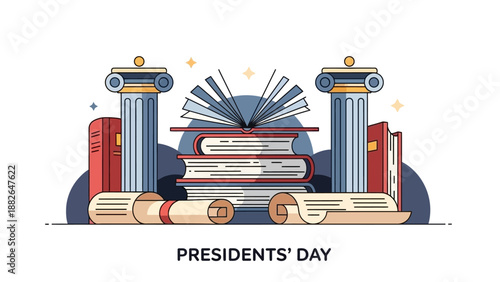 Vector illustration of a Presidents' Day graphic with books, scrolls, and columns on a white background, celebrating America.