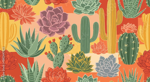 Vibrant Succulent and Cactus Garden Pattern, Colorful Desert Plant Illustration