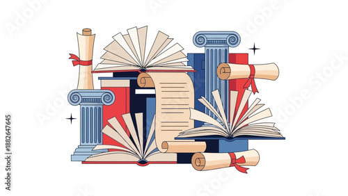 Vector illustration of books, scrolls, and columns in red, white, and blue colors, celebrating Presidents' Day with an educational theme.