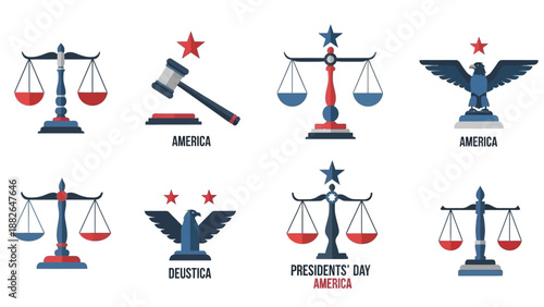A collection of eight vector illustrations depicting various American symbols and icons for Presidents' Day, including scales, eagles, and gavel, on a white background with red, white, and