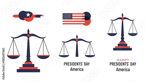 Vector illustrations of scales and patriotic symbols celebrating Presidents' Day in America with a federal holiday theme on a white background.
