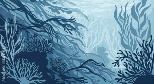 Abstract Underwater Coral Reef and Seaweed Illustration, Blue Ocean Life Background