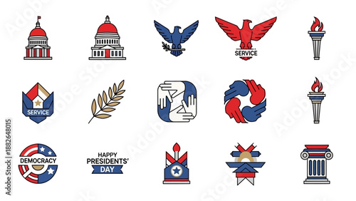 Collection of patriotic vector illustrations and icons for Presidents' Day and federal holidays in America, featuring symbols like eagles, torches, and government buildings.