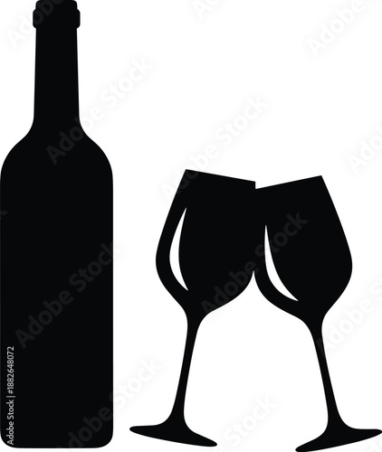 Wine bottle and glasses silhouette illustration showing elegant alcohol drink setup, celebration and luxury concept, black vector design for restaurant, bar and lifestyle themes