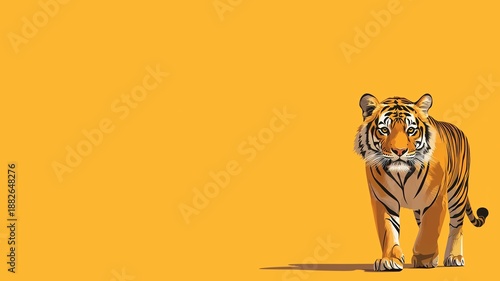 Tiger Walking Toward Viewer On Solid Yellow Background Vector Illustration