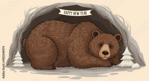 Cute Grizzly Bear Hibernating in a Cozy Cave with Happy New Year Banner Decoration