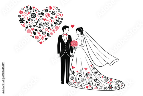 Wedding couple in love with heart shaped flowers  romantic illustration
