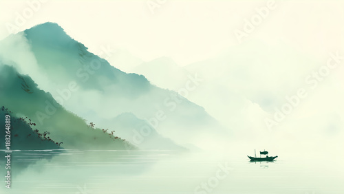 Serene Chinese Ink Wash Landscape With Boat On Misty Lake And Mountains