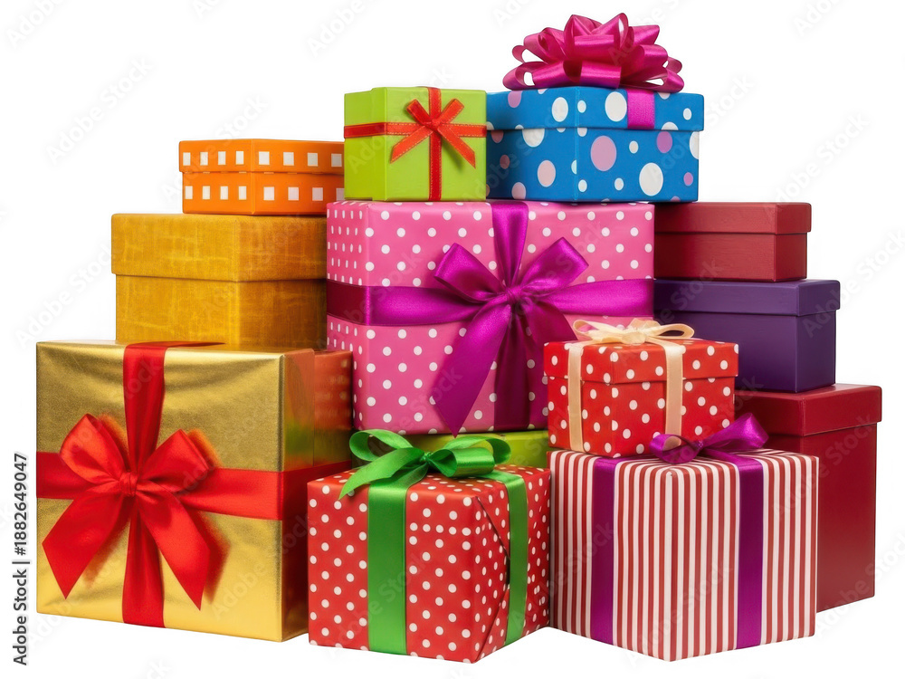 Obraz premium A stack of brightly colored wrapped presents with ribbons isolated on transparent background