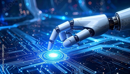 A robotic hand touches a glowing blue circuit