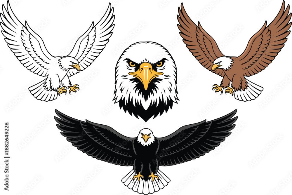 Fototapeta premium American Eagle Icon Set Bald Eagle Logo, Wild Birds, and Eagle Head Drawings