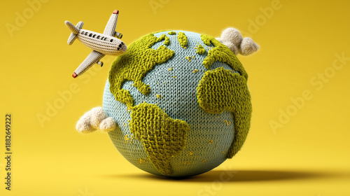 Knitted World Globe With Airplane Toy: Cozy Map Theme For Travel, Global Awareness, And Sustainability