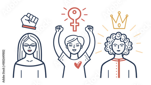 Abstract Women Empowerment Doodle Icons Set, Simple Hand-Drawn Symbols for Gender Equality, Feminism, and Social Justice Movements