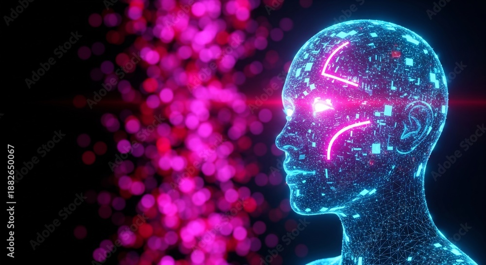 Obraz premium Digital wireframe human head representing Artificial Intelligence and futuristic technology with glowing data background
