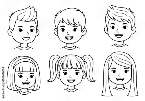 Line art cartoon children avatars set featuring 3 boys and 3 girls with various hairstyles and happy expressions for social media profiles or educational materials