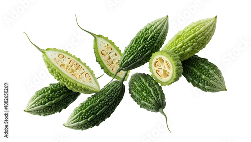 Vibrant green bitter gourds showcasing fresh cut and whole forms on a clean white background
