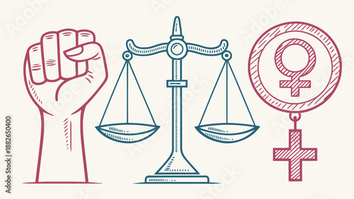 Seamless Pattern Illustration of Hand Drawn Feminist Symbols in Minimalist Outline Style