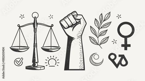 Minimalist Hand Sketched Feminist Symbols Collage Featuring Female Empowerment Icons in Black Line