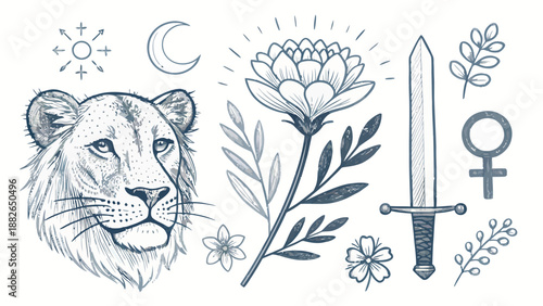 Modern Hand Drawn Line Art Collage of Female Symbols and Minimalist Graphic Elements