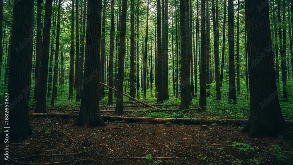 Obraz premium A dense forest with tall straight trees dominating the landscape illuminated by dappled green light