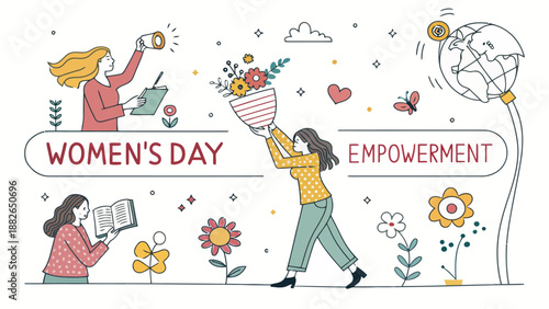 Hand-lettered doodle illustration for Women's Day with decorative icons and feminine elements for social media
