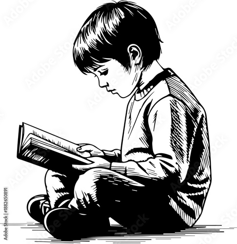 Pensive young boy sitting on the floor engrossed in reading a book, illustrated in a classic sketch style with black ink.