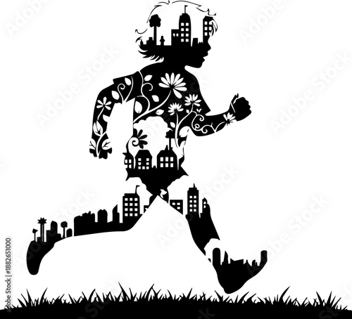 Creative illustration of a running child's silhouette filled with city buildings, flowers, and nature elements.