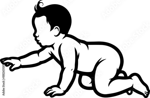 Black and white silhouette illustration of a baby crawling, reaching forward with an outstretched hand.
