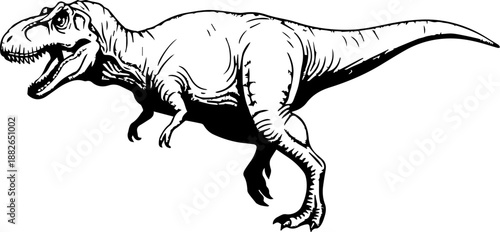 Detailed Stippling Illustration of a Tyrannosaurus Rex dinosaur in a dynamic pose on a white background.