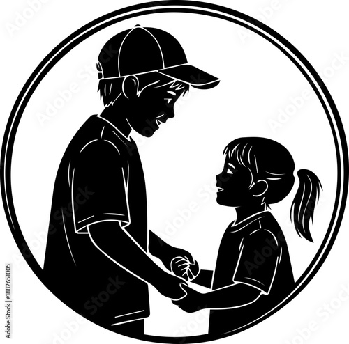 Circle emblem featuring the black silhouette of an older brother and younger sister holding hands.