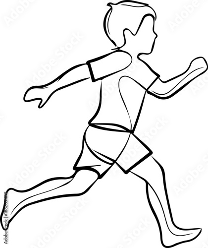Minimalist single line drawing of a boy running, captured in a fluid and dynamic pose.