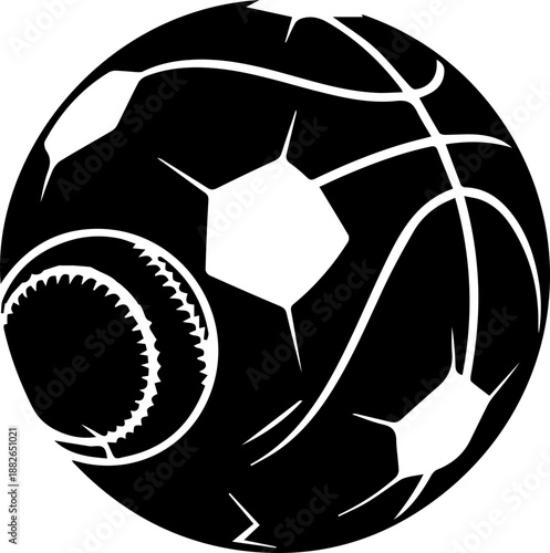 Abstract fusion of a basketball, baseball, and soccer ball in a single black and white graphic.