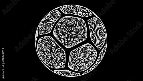 Ornate soccer ball design with intricate ethnic patterns and golden outlines on a black background.