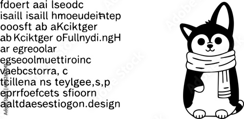 Cute cartoon dog character wearing a scarf and holding a sign with abstract text and design elements.