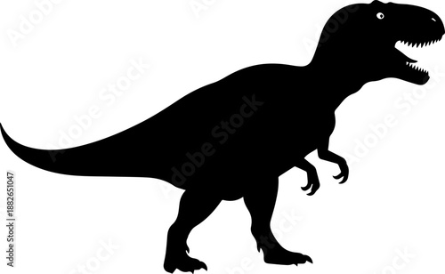 Bold black silhouette of a Tyrannosaurus Rex dinosaur roaring, isolated on a white background.