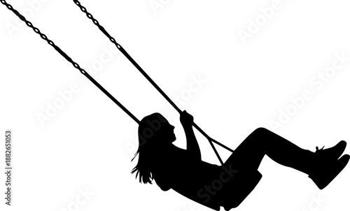 Silhouette of a girl swinging high on a swing set, captured in a moment of joy and freedom against a bright, textured background.