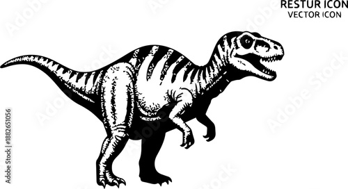A detailed illustration of a Tyrannosaurus Rex dinosaur rendered in a stippling technique, standing alertly in a naturalistic pose with sparse grass.